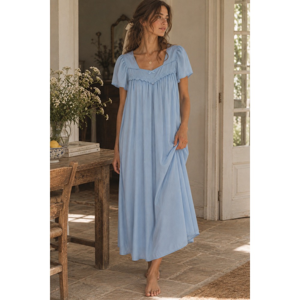 Vtg Nightgown Dress Size M Cottagecore Ethereal Oversized Powder Blue Bow Midi